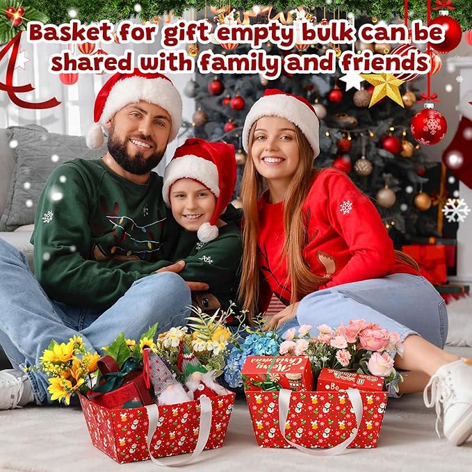 Pinkunn 48 Pcs Basket for Gifts Empty DIY Bulk Party Gift Basket Kit with Handles Market Trays for Packages Wrapping Wedding Party Anniversary Display(Red,Christmas)