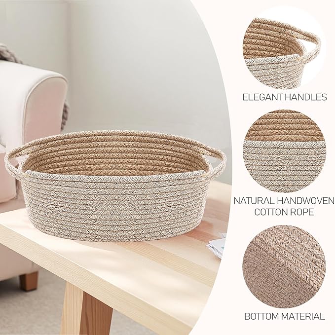 Woven Basket,Small Rope Storage Bin with Handles & Ribbon Bag, Organizer for Shelves Closets,Gift Basket Empty for Birthday,Books,Dog Toys,Oatmeal