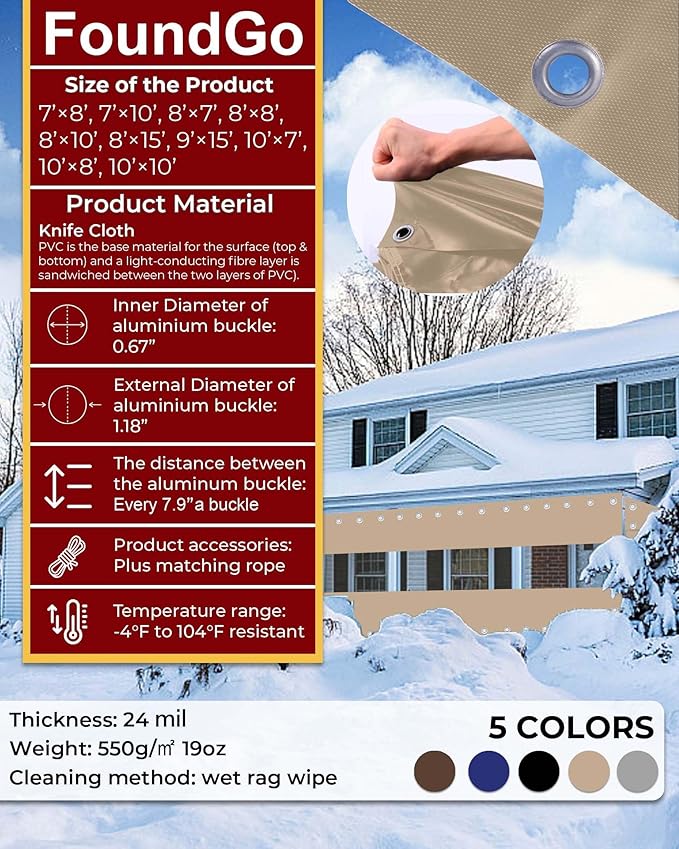 FoundGo 8'H x 10'W Vinyl Curtains for Patio 19oz, Outdoor Clear Vinyl Patio Enclosure,Heavy Duty Clear Tarp Waterproof PVC Tarps with Grommets for Pergola, Balcony,Porch,Gazebos，-4℉ Cold Resistant