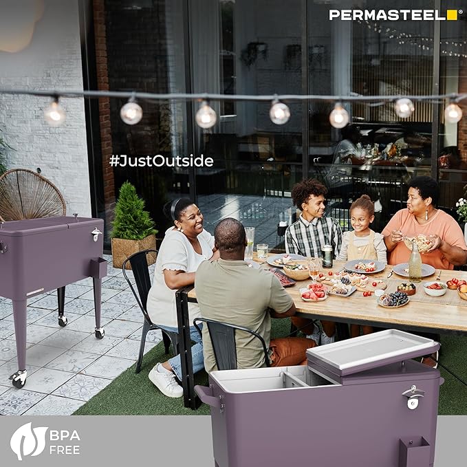 Permasteel 80 Quart Party Cooler, Rolling Ice Chest with Wheels and Handles for Indoor Outdoor Patio