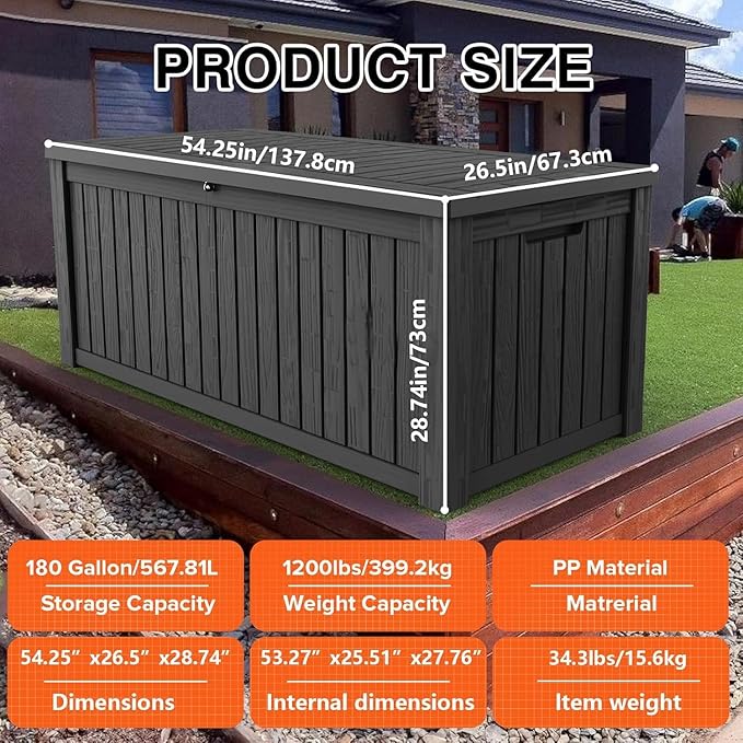 180 Gallon Resin Deck Box, Waterproof Outdoor Storage Box for Patio Furniture, Garden Tools, and Pool Accessories, Lockable UV-Resistant Storage Bin Bench Cabinet for Outside, Black