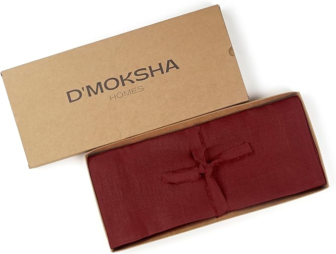 D'Moksha Homes Linen Dark Red Table Runner 132 Inches Long - 100% Pure Linen Extra Long Table Runner 14 x 132 Inch for Valentines, Holiday - Machine Washable