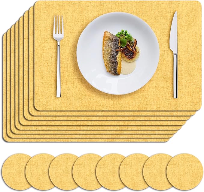 MOSAYT Placemats Set of 8, Heat Resistant Vinyl Place Mats with Coasters, Wipeable Washable 100% Waterproof Oil Proof Faux Leather Table Mats for Kitchen Dining Party Outdoor, 12" x 17", Yellow