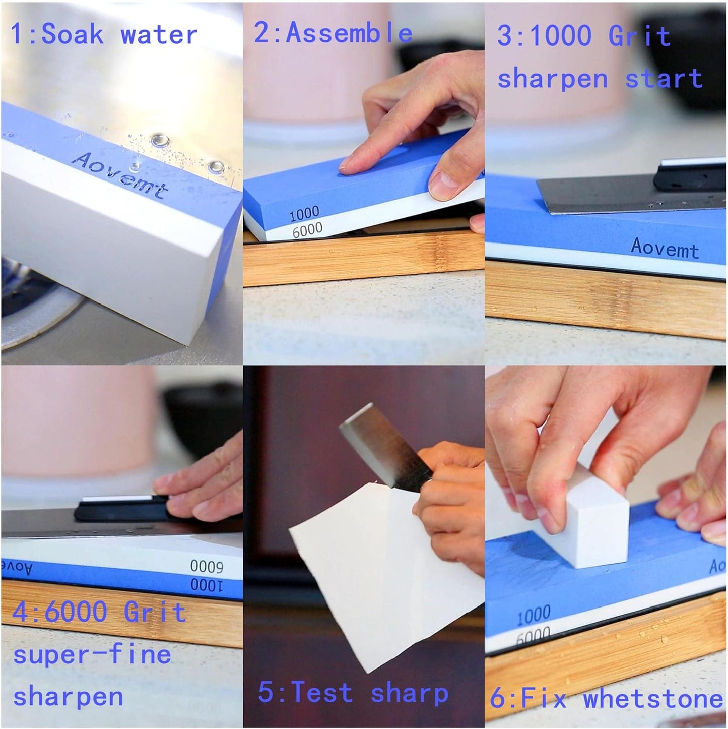 Knife Sharpening Stone, Premium Knife Sharpening Kit, 2 Side Grit 1000/6000 Whetstone, Wet Stone, Nonslip Base, Angle Guide and Flattening Ston e