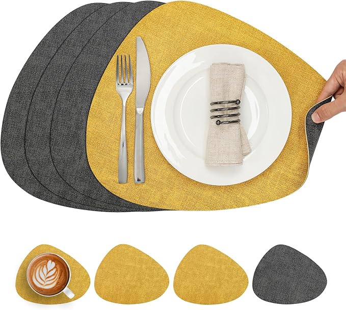 Placemats and Coasters, Washable Reversible Placemats Round Faux Leather Wipeable Place Mats Non Slip Heat Resistant Indoor Outdoor Table Mats (Set of 4, Gray Yellow)