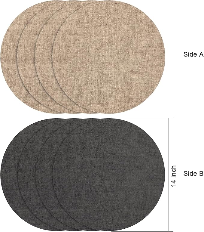 Myir JUN Round Placemats Dual Sided, Faux Leather Place Mats Set of 6 Indoor Placemat for Dining Table Outdoor Place Mat Non-Slip Washable Table Mats (Gray Beige, Set of 6)