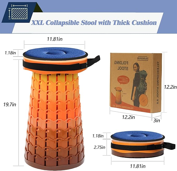 ALEVMOOM Upgraded XXL Telescoping Stool with Cushion,Taller 50cm Wider 30cm Collapsible More Sturdy Capacity 1000Lbs,Portable Camping Adjustable Stool for Garden Fishing Hiking Mountain BBQ (Fire)
