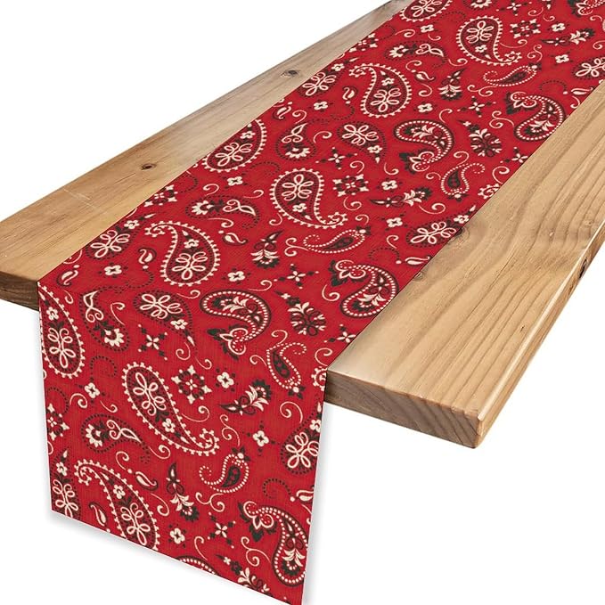 Red Paisley Table Runner, Rustic Damask Antique Floral Flower Retro Boho Swirled Pattern Vintage Coffee Table Center Decor for Family Kitchen and Living Room Outdoor Table Decorations, 13"x108"