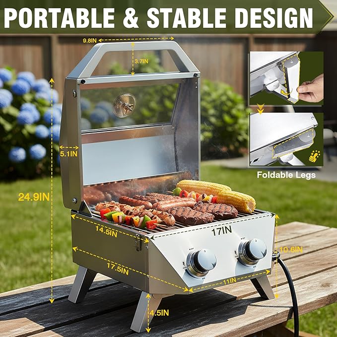 BESTFIRE Tabletop Gas Grill with 2 Burners & Viewing Glass Lid, 20,000 BTU Stainless Steel Portable BBQ Grill with Thermometer, Push-Button Ignition for Outdoor Patio, Camping, RV, Tailgating