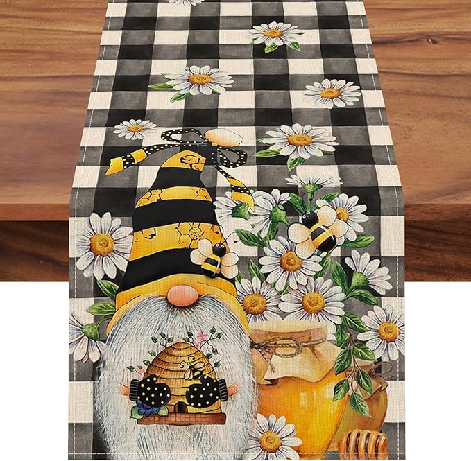 Seliem Spring Bee Gnome Table Runner, Honey Black White Buffalo Plaid Check Home Kitchen Dining Decor, Summer Seasonal Farmhouse Daisy Decorations Indoor Outdoor Anniversary Party Supply 13 x 48 Inch