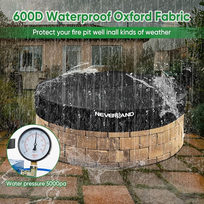 NEVERLAND Round Fire Pit Cover for In-Ground Fire Pits, 46-51 Inch Heavy Duty 600D Waterproof Outdoor Firepit Cover, Fits Built-In Stone Fire Pits, Black