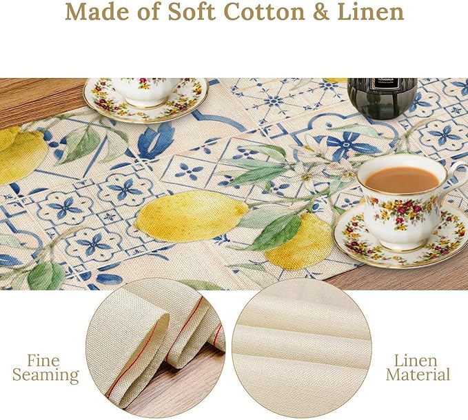 Vintage Lemon Table Runner, Watercolor Yellow Lemons Blue Tiles Spring Summer Seasonal Kitchen Dining Table Decoration for Indoor Outdoor Party, 13x90inch
