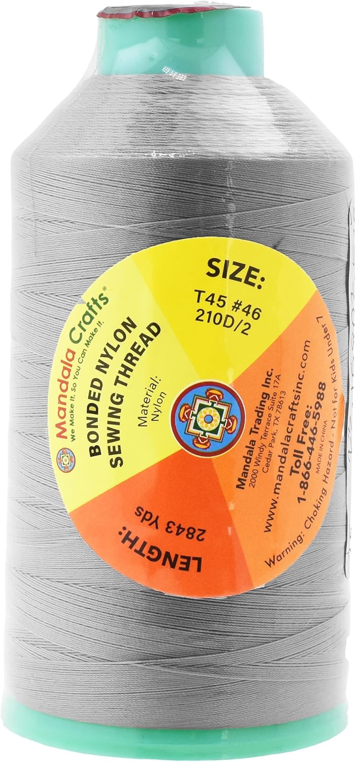 Mandala Crafts Bonded Nylon Thread Gray Heavy Duty Sewing Threads - 2843 YDs Size 46 210D T45 Tex 45 Thread for Leather Jeans Weaving Outdoor Marine Upholstery Threads