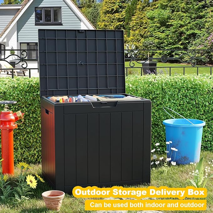 30 Gallon Deck Box,Resin Outdoor Storage Box with Lockable for Patio Furniture, Garden Tools Waterproof Outside Storage Box, Black