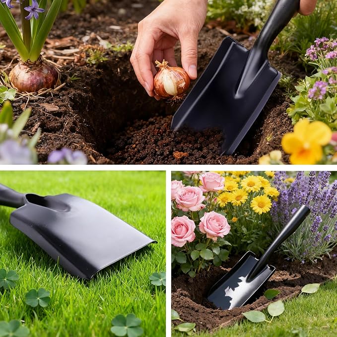 Metal Garden Ash Shovel, Black Steel, Compact Size with Leather Strap, for Fireplace, BBQ, Charcoal Cleanup