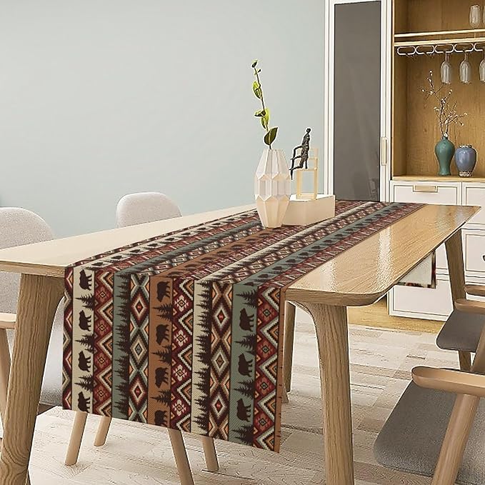 Rustic Bear Table Runner, Cabin Wild Animal Deer Moose Pine Tree Aztec Native Western Farmhouse Hunting Camping Table Runner for Kitchen Dining Home Party 13x36in