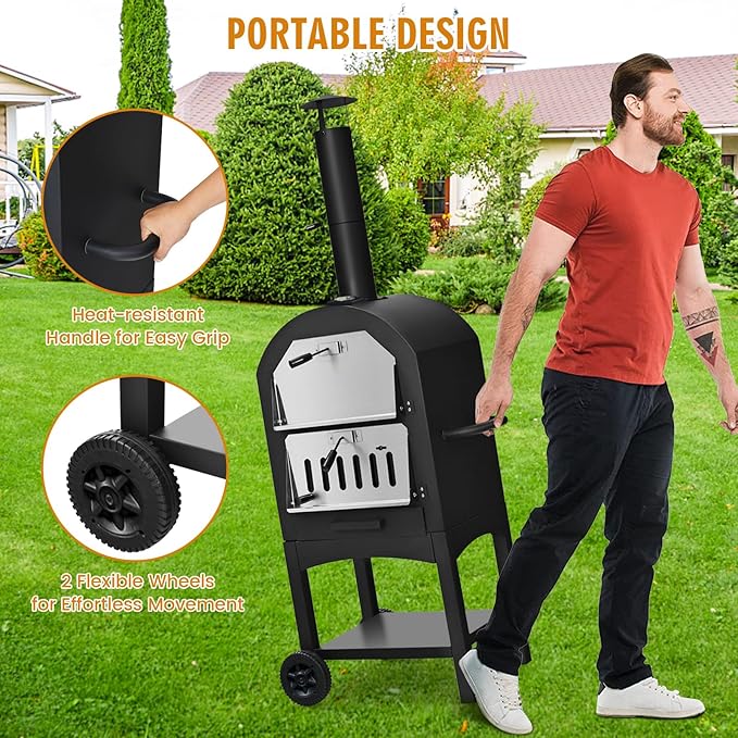 Happygrill Outdoor Pizza Oven Wood Fired, Portable Pizza Maker Grill w/Stone, Peel, Cooking Grids, Built-in Thermometer, Waterproof Cover, Wheels for Barbecue Backyard Camping