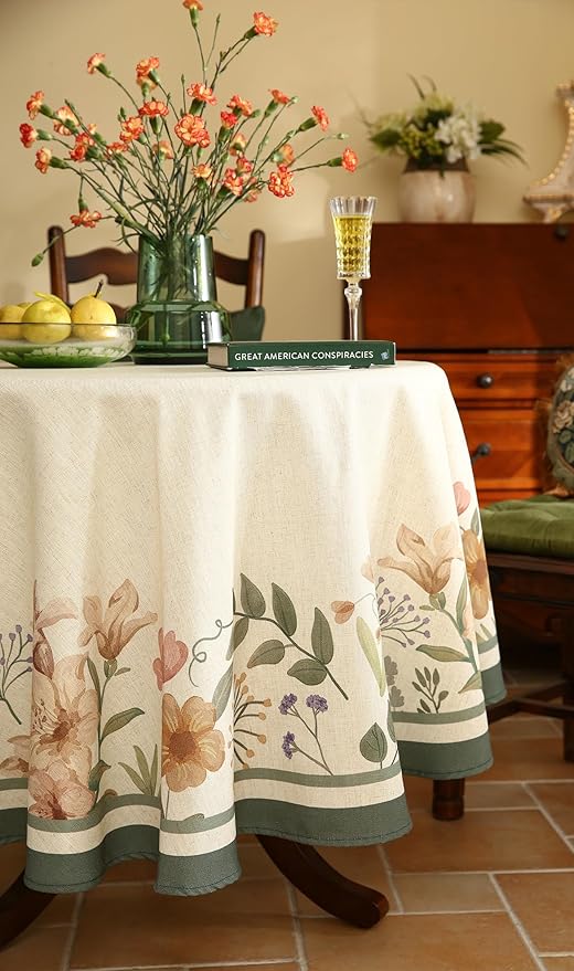 Designer Vintage French Small Round Tablecloth,Linen Shabby Chic Floral Colorfast Table Cloth,Decor Table Cover for Kitchen,Dining,Tea Party,Home,Christmas,Diameter 55"-Manolya