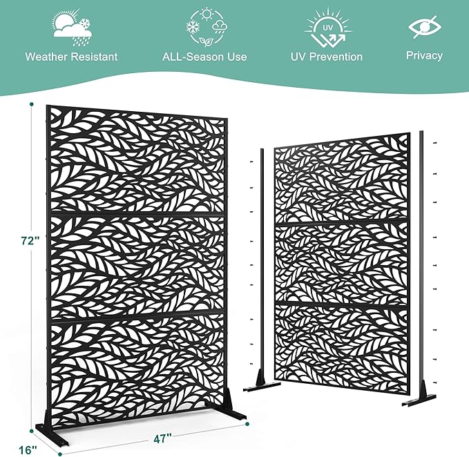 Metal Privacy Screen for Outdoor & Indoor Use, Free Standing Privacy Screen for Patio Garden Pool, 72" H x 47" W Decoative Privacy Panels, Weather Resistant, Easy Assembly (Black Spring Leaf)