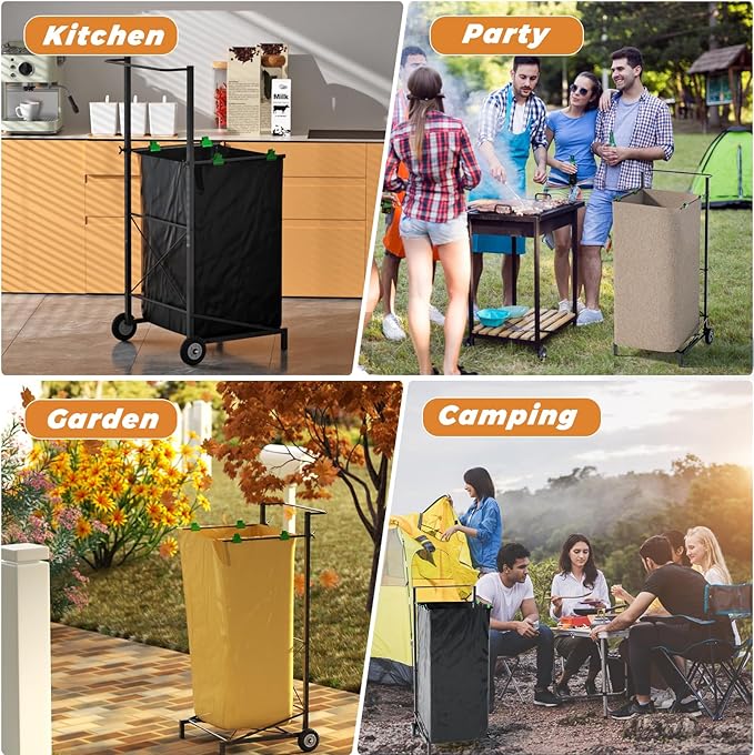 Natheeph Trash Bag Holder - Heavy Duty Metal Outdoor Leaf Bag Holder with Wheel, Adjustable Yard Waste Bag Cart Fits 30-55 Gallon Garbage Bags, Foldable Garden Leaf Bags Stand for Yard Work