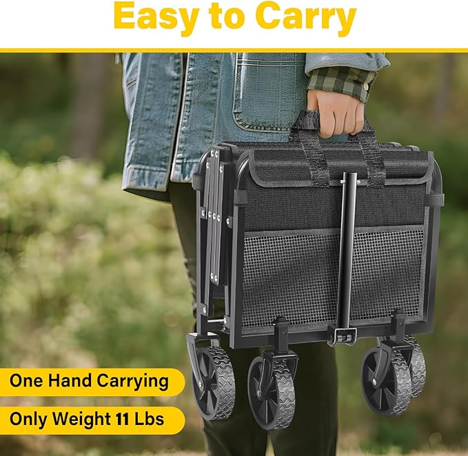 Wagons Carts Foldable, Collapsible Wagon with Wheels — Durable Foldable Wagon for Groceries,Picnic & Pets, Small Hauls, Apartment Moving & Storage, Portable Utility Pull Wagon Cart, 360lbs, Black