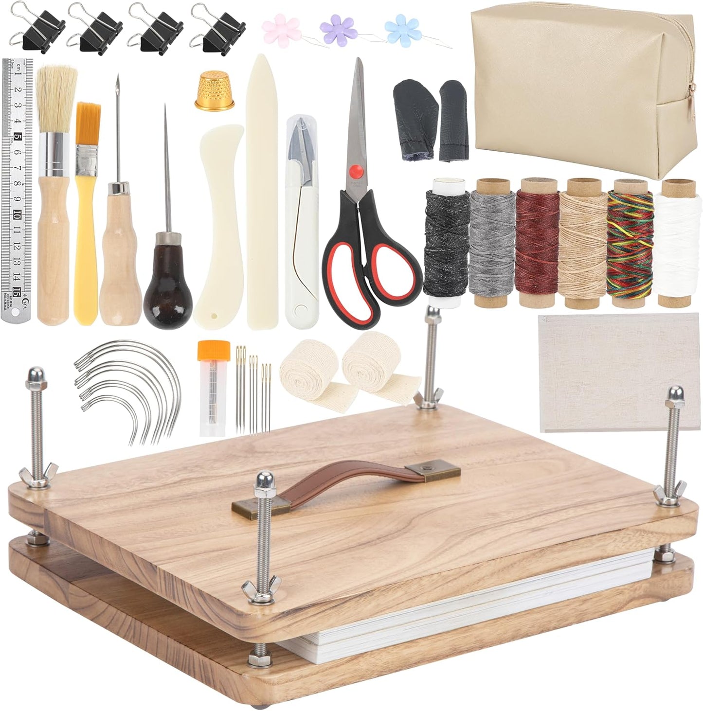50 Pcs Book Binding Kits, 15"x11.4" Inch Wooden Book Press，Books Binding Materials, with Bone Folder, Awl, Needles for DIY Bookbinding, BookRepair, Handmade Crafts