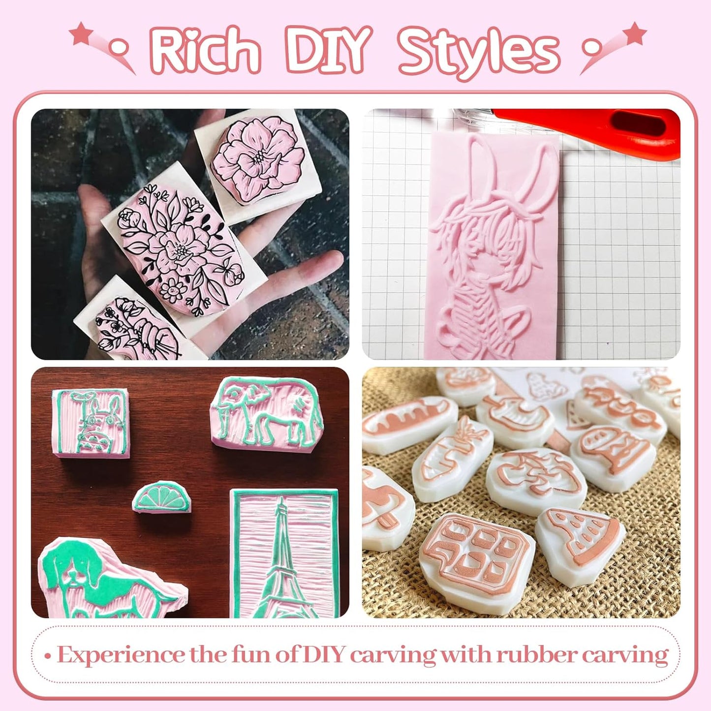 4 Pack Rubber Block Stamp Carving Blocks,Rubber Carving Linoleum Blocks with Cutter Tools,Rubber Brayer Roller for Stamp Maker,Printmaking and More Crafts