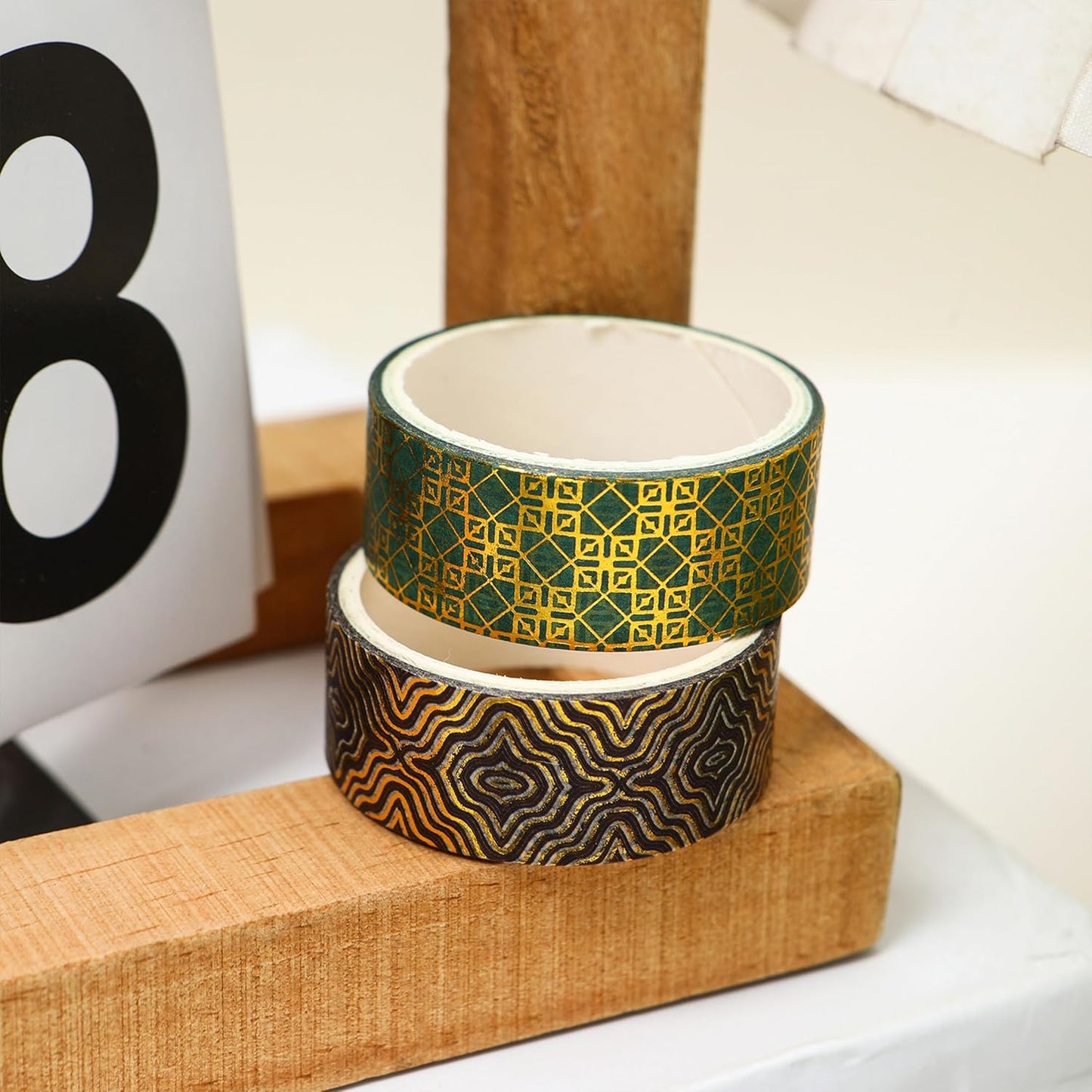 12 Rolls Charming Washi Tape Set Gold Silver Foil Detailing Arts Adhesive Tapes Basic Patterns Decorative Masking Tape Sets for Craft, Kids, Scrapbook, DIY, Gift Wrapping (Golden Galaxy)