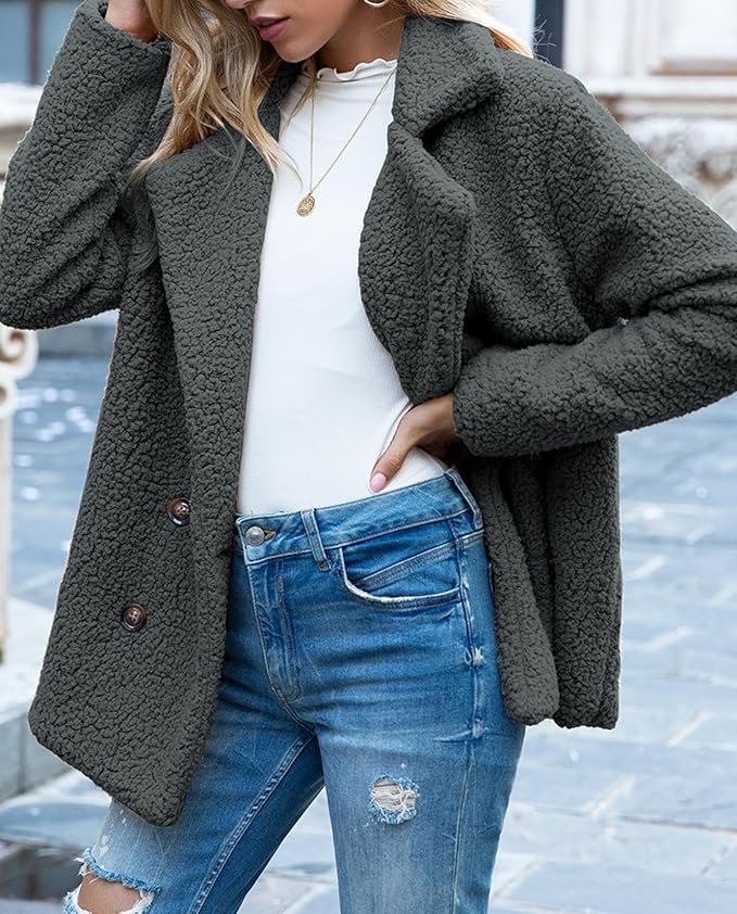 Women's Winter Warm Plush Cardigan Fuzzy Fleece Lapel Jacket with Buttons Pockets Long Sleeve Casual Outerwear