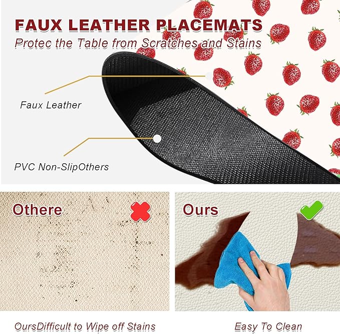Strawberry Placemats Set of 4 - Faux Leather Heat Resistant Placemats for Dinner Table, Non-Slip Waterproof Oil-Proof Washable Reusable Placemat for Indoor Outdoor Kitchen Decor, 15.75In*11.81In