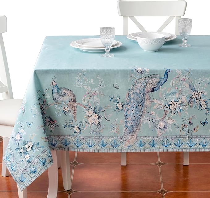 Maison d' Hermine Premium Table Cloth Rectangle Table 100% Combed Cotton 90 x 70 Inches Tablecloth Reusable Decorative for Dining Room Home Party Festive Wedding - Peacock Utopia - Pastel Turquoise