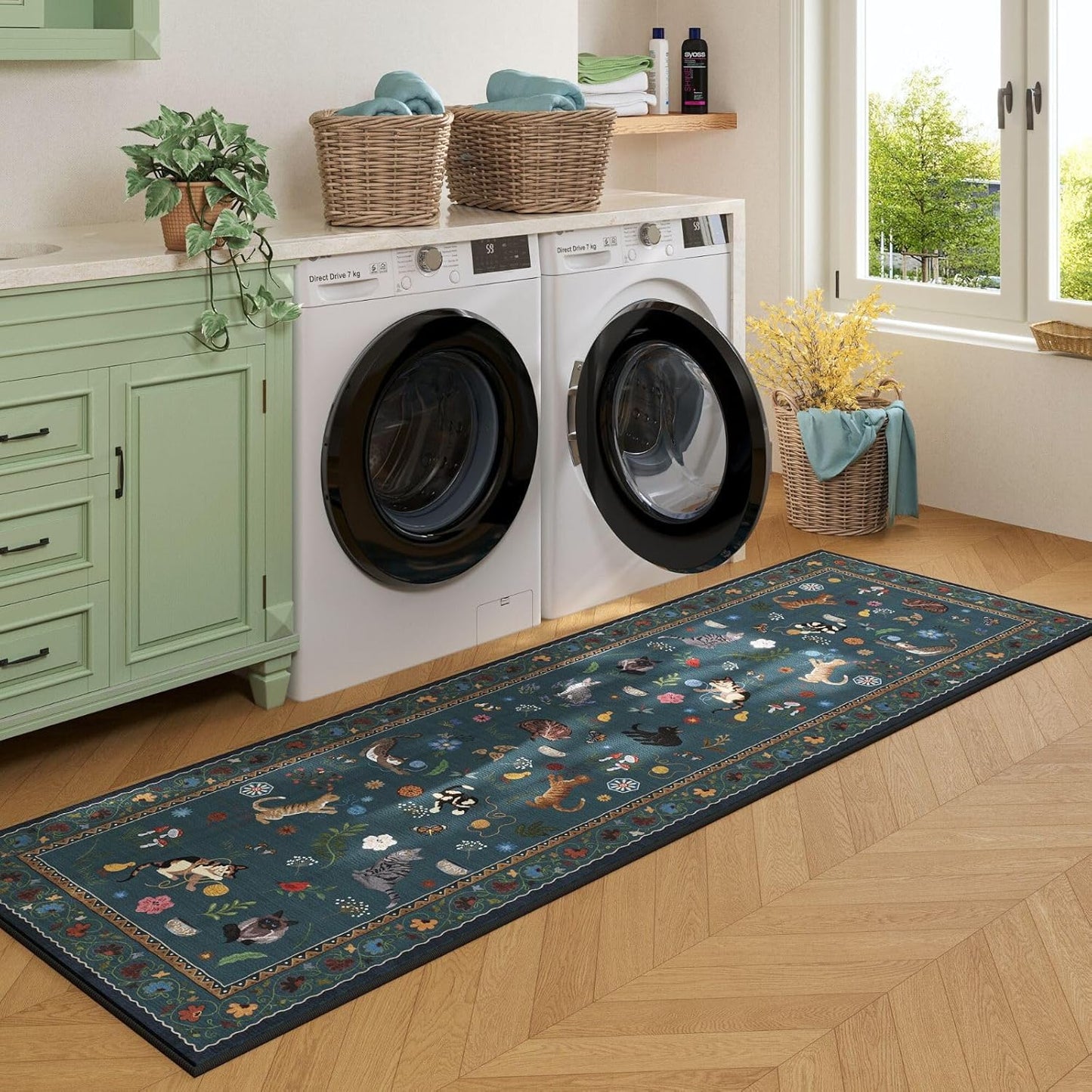 Rugcomf Runner Rug for Kitchen Non Slip 2'x6' Washable Rugs with Rubber Backing Soft Floral Animal Cat Carpet Runner for Kitchen Laundry Bedroom Bathroom, Pearl Gentian Blue