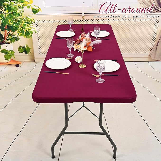 6 Pack Stretch Fabric Table Top Cap Cover, Wine Red Table Covers fits 8Ft Tables, Washable Elastic Universal Rectangle Tablecloth Protector for Indoor Outdoor Party Picnic Wedding (30" W x 96" L)