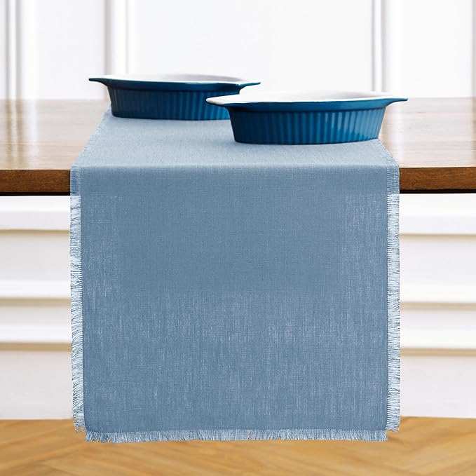 Solino Home Linen Dusty Chambray Blue Table Runner 90 Inches Long - Fringe, 100% Pure Linen Dining Table Runner 14 x 90 Inch for Winter, Spring, Easter