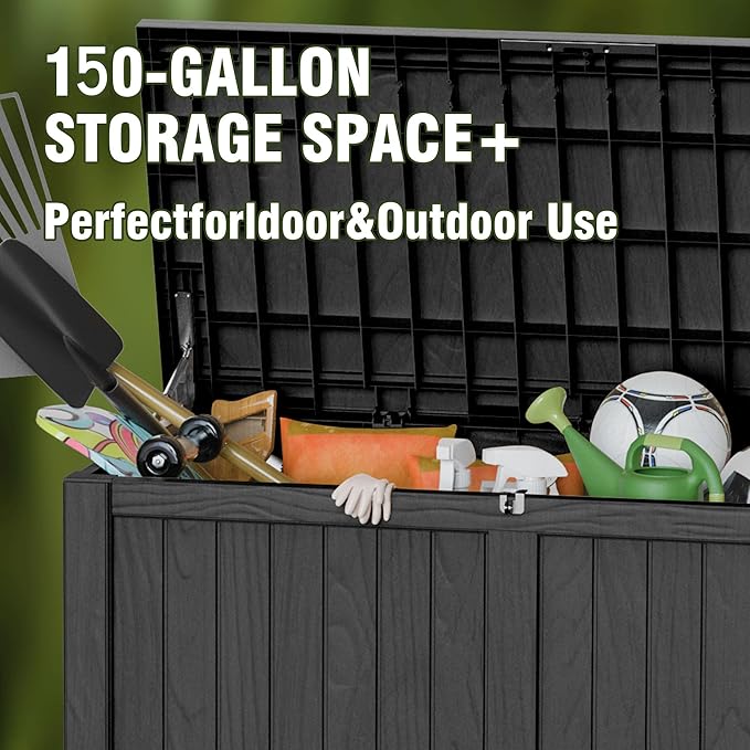 150 Gallon Deck Box, Resin Outdoor Indoor Waterproof Storage Box, Lockable Storage Box With Handle for Patio Furniture - Garden Tools - Swimming Pool Tools UV-Resistant, Black