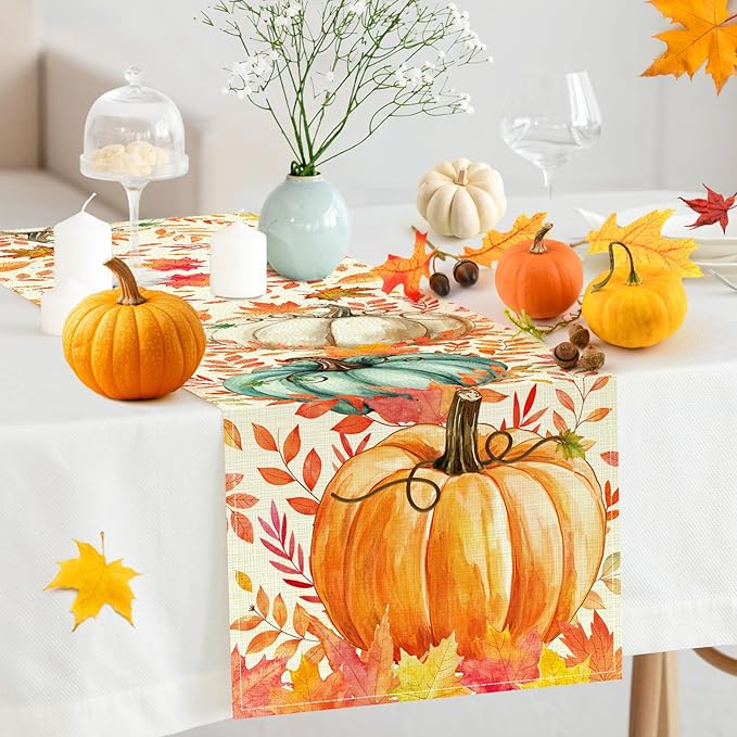 Pumpkin Fall Table Runner, Maple Leaf Autumn Thanksgiving Kitchen Table Decorations for Home Party Decor 13×72 Inches