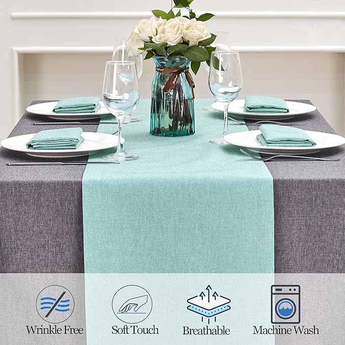 Mebakuk Linen Farmhouse Table Runner Large Burlap Style Soft and Waterproof Decorative Fabric Runner for Outdoor Wedding and Dinner (14 x 132 Inch, Turquoise Blue)
