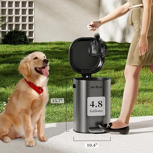 MRBIN Stainless Steel Dog Poop Trash Can with Lid, 5 Gal Round Pet Outdoor Waste Basket with Plastic Inner Bucket, Step Garbage Pail for Outside Patio, Yard, Garage, Eclipse Grey