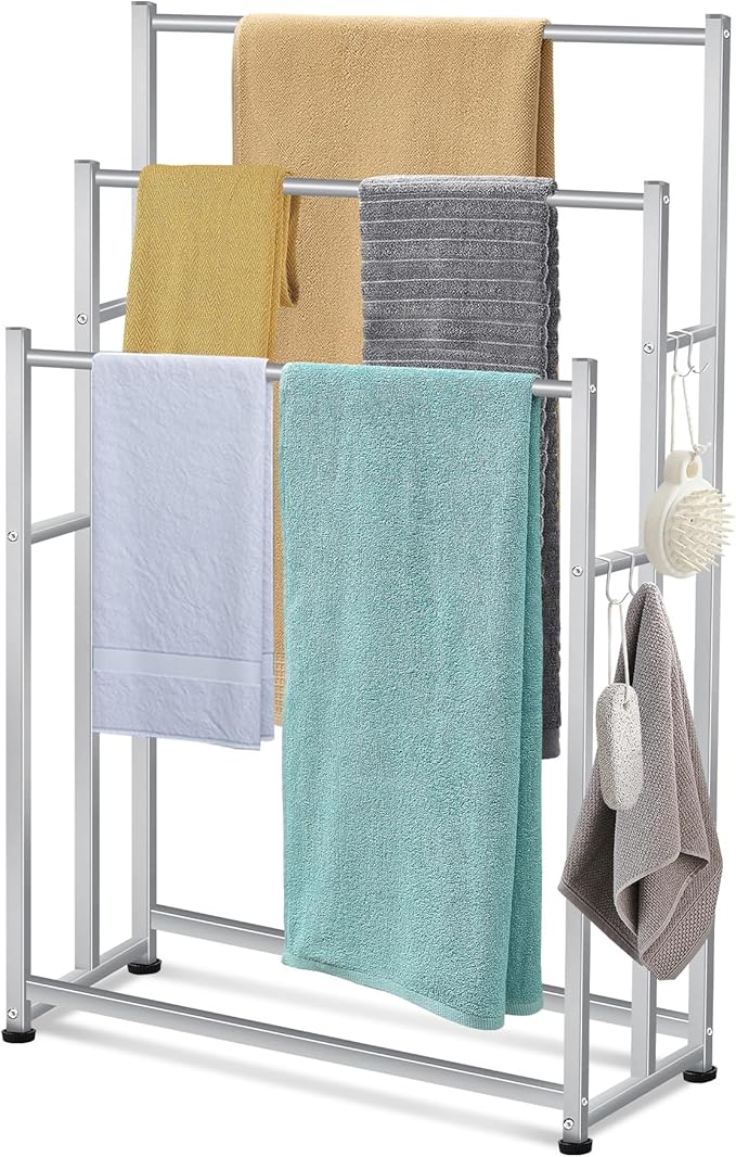 47.6 Inch Tall Free Standing Towel Racks 3 Tier Pool Towel Rack Outdoor Oversized Floor Bath Towel Drying Valet Holder Blanket Quilt Rack Stand for Bathroom Bedroom Beach Hot Tub Gym Pool Area Outside