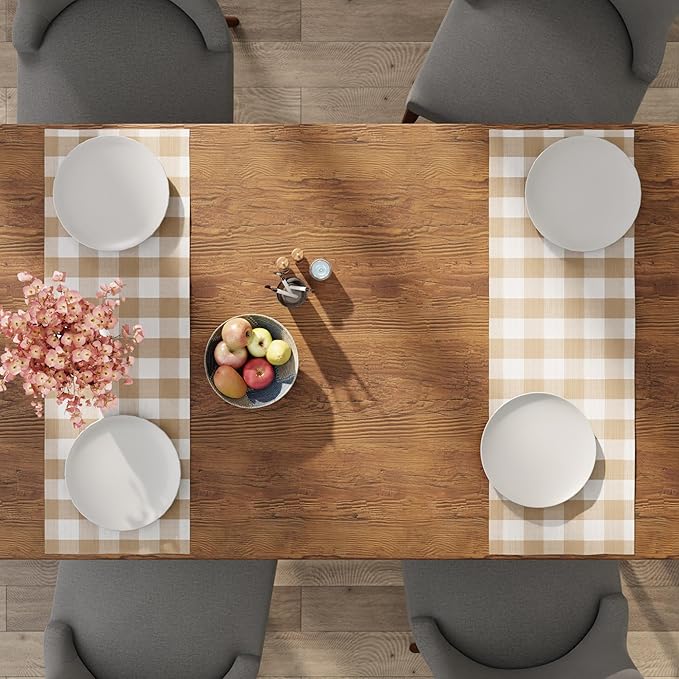 Encasa XO Cotton Dining Table Runner | Buffalo Beige Checks | Size 13x36 in - Machine Washable & Durable