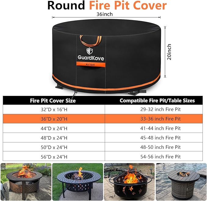 [Upgraded 1000D Heavy Duty Fabric] 36” Fire Pit Cover Round for 33”- 36” Fire Pit/Tables, Waterproof Tear & Fade Resistant Firepit Cover with Buckle, Handle, Drawstring, Air Vent (36”D x 20”H,Black)