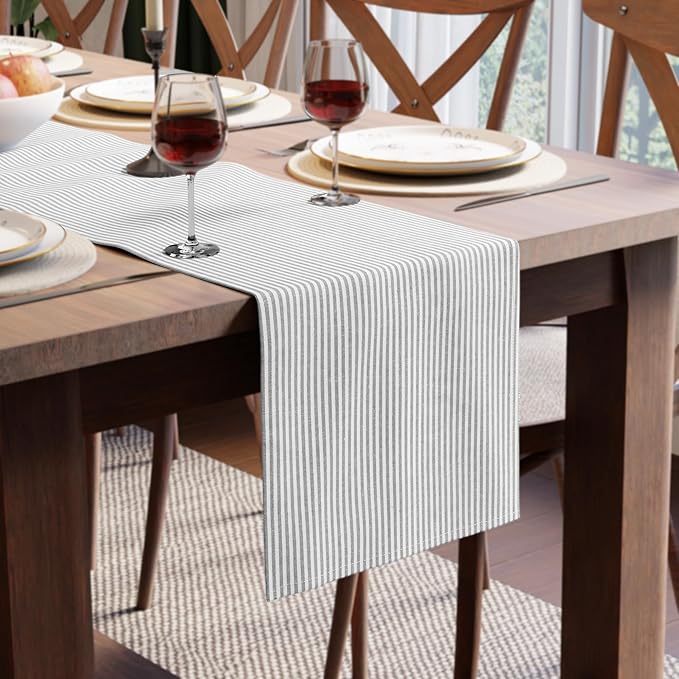 Encasa XO Cotton Dining Table Runner | Ticking Black | Size 13x72 in - Machine Washable & Durable