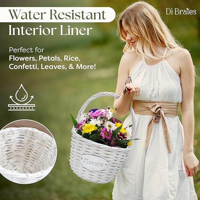 Flower Girl Basket (Set of 2) | Handcrafted Natural Wicker Flower Baskets for Flower Girl - Premium Wedding Basket with Water Resistant Liner - Perfect for Weddings, Parties & Home Décor