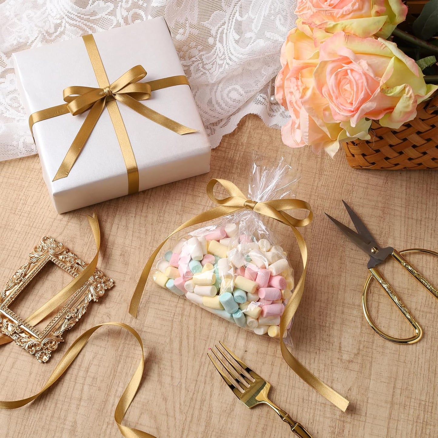 LaRibbons Gold Satin Ribbon 3/8 Inch 50 Yards Thin Luxury Double Faced Pale Gold Silk Ribbon for Flower Bouquet Crafts Gift Wrapping Wedding Christmas Decoration