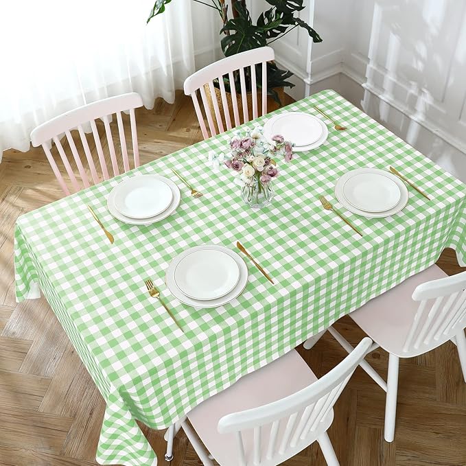 Romanstile Rectangle Vinyl Tablecloth, 100% Waterproof Buffalo Gingham Plastic Table Cloth, Heavy Duty Wipeable Checkered Table Covers for Outdoor, Camping, Picnic, Patio - 54 x 78, Light Green