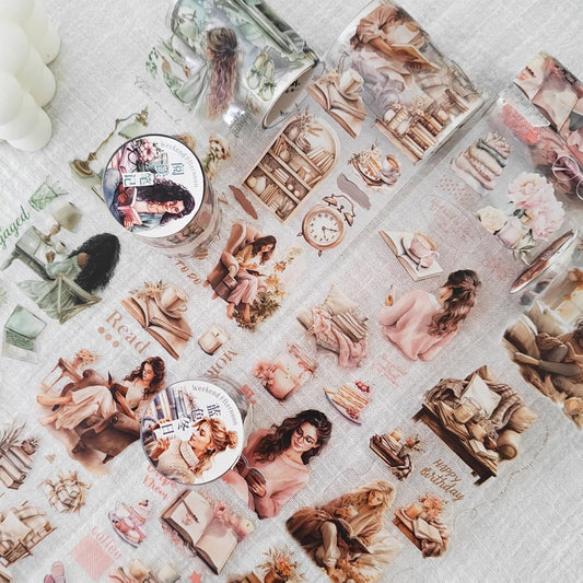 6 Rolls PET Tape Set for Junk Journal,Reading Theme Scrapbook Tape Stickers for Journaling Supplies,Scrapbook Supplies,Album,DIY Craft(Reading)