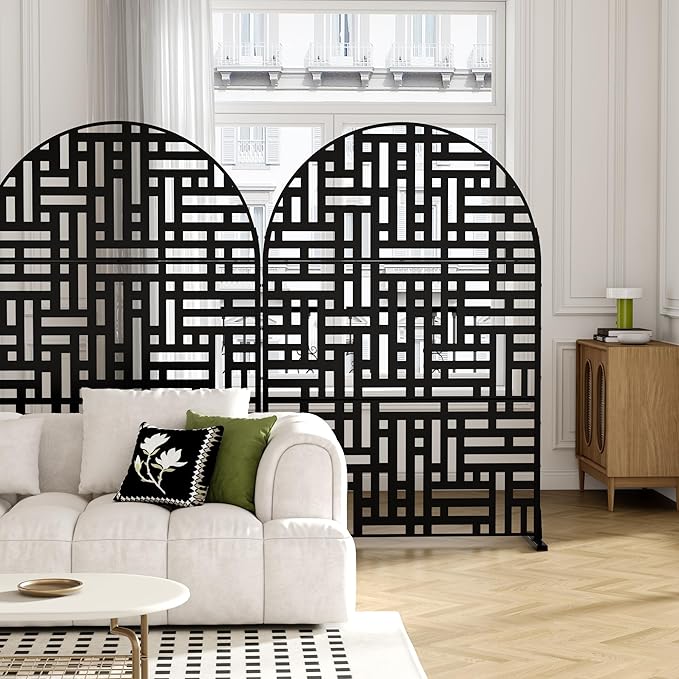 Casaphoria 72" H x 47" W Arched Metal Privacy Screen - Elegant Freestanding Outdoor Screen for Deck, Patio & Balcony - Versatile Decorative Privacy Panels for Home & Garden Use (Black-Helen)