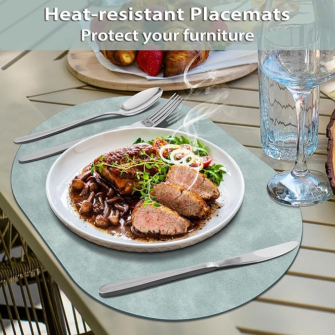ADRIMER Placemats, Heat Resistant Oval Placemats Set of 4 Washable 12 x 17 Inch, Waterproof Table Mats, Wipeable Pu Place Mats for Kitchen, Dining Room, Light Blue