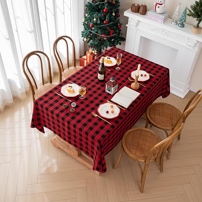 Christmas Gingham Tablecloth Heavy Duty Cotton Blend Red 60x120 inch Plaid Christmas Table Cloth Reusable Waterproof Foldable Tablecloths Xmas Table Cover for New Year Party Decor