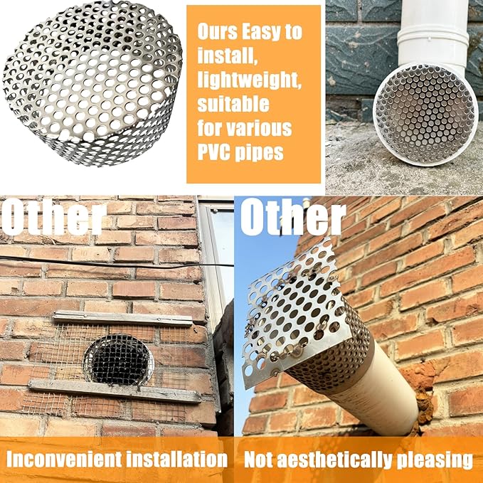 PVC Termination Cap Vent Cover, Stainless Steel Mesh Screen Vent Cover Slot for 4.24" to 4.34" ID Furnace and Roof Vent Pipe, Conical Vent Cap Rust preventing Leaves Debris, Birds Entering